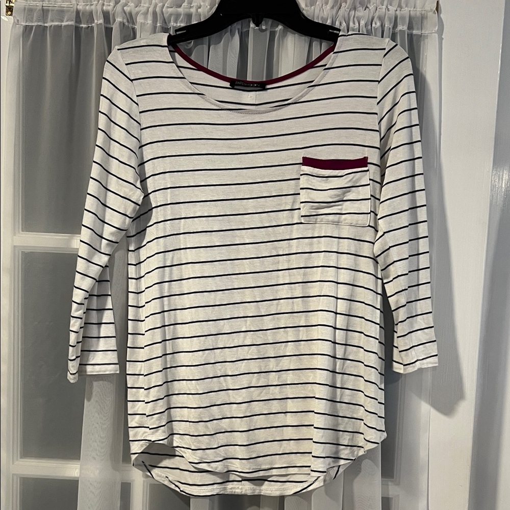 Papermoon White and Black Striped Long Sleeve Top with Purple